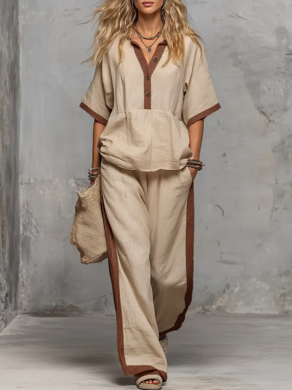 Casual Retro Vacation V-neck Contrasting Trim Top And Wide-leg Pants Set sold by Oyrosy