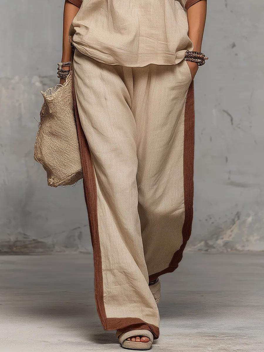 Casual Retro Vacation V-neck Contrasting Trim Top And Wide-leg Pants Set sold by Oyrosy product image thumbnail 4