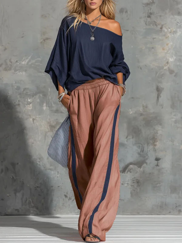 Retro Stylish Casual Short Sleeve Top And Wide-leg Pants Set sold by Oyrosy