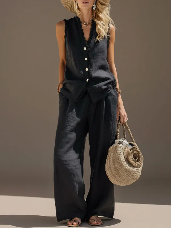 Vacation Retro Lace Sleeveless Black Cotton Linen Sleeveless Shirt And Wide-Leg Pants Set sold by Oyrosy