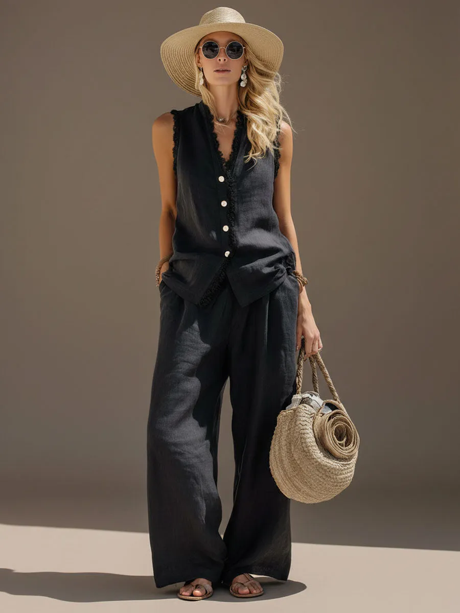 Vacation Retro Lace Sleeveless Black Cotton Linen Sleeveless Shirt And Wide-Leg Pants Set sold by Oyrosy product image thumbnail 5