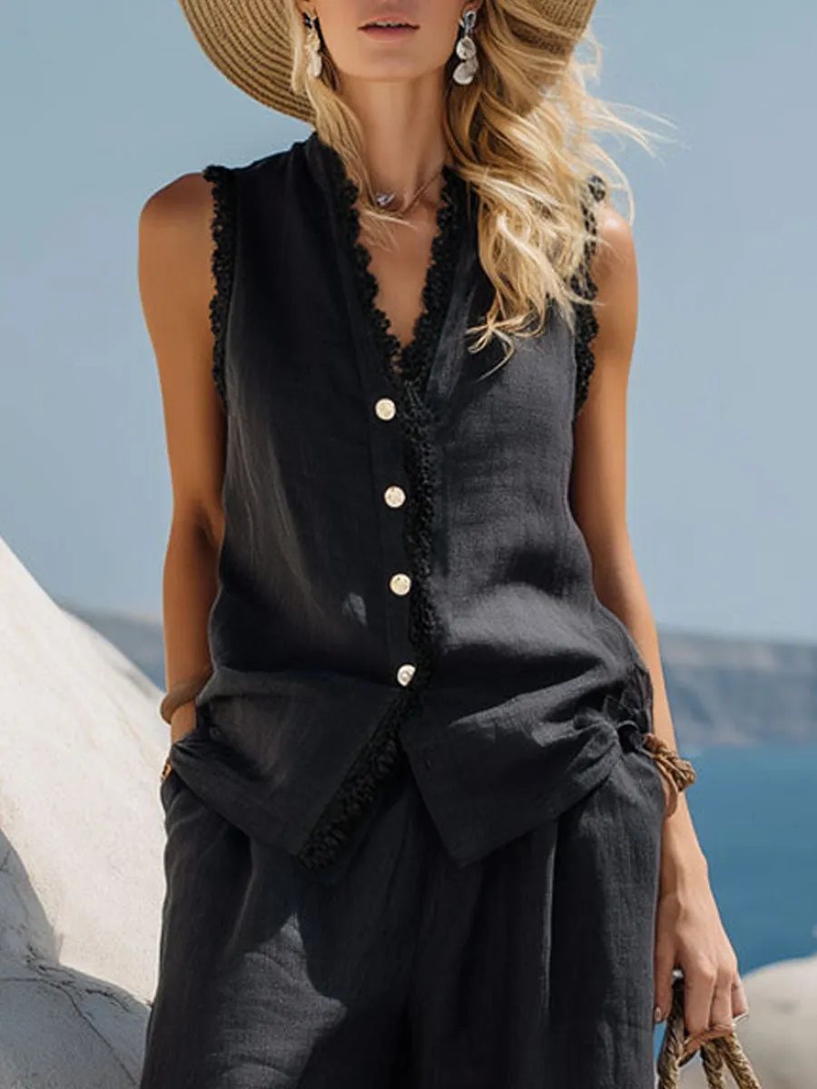Vacation Retro Lace Sleeveless Black Cotton Linen Sleeveless Shirt And Wide-Leg Pants Set sold by Oyrosy product image thumbnail 3