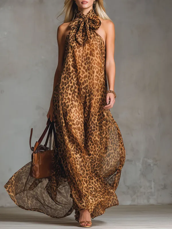 Leopard Print Bow-tie Strap Chiffon Sleeveless Maxi Dress sold by Oyrosy
