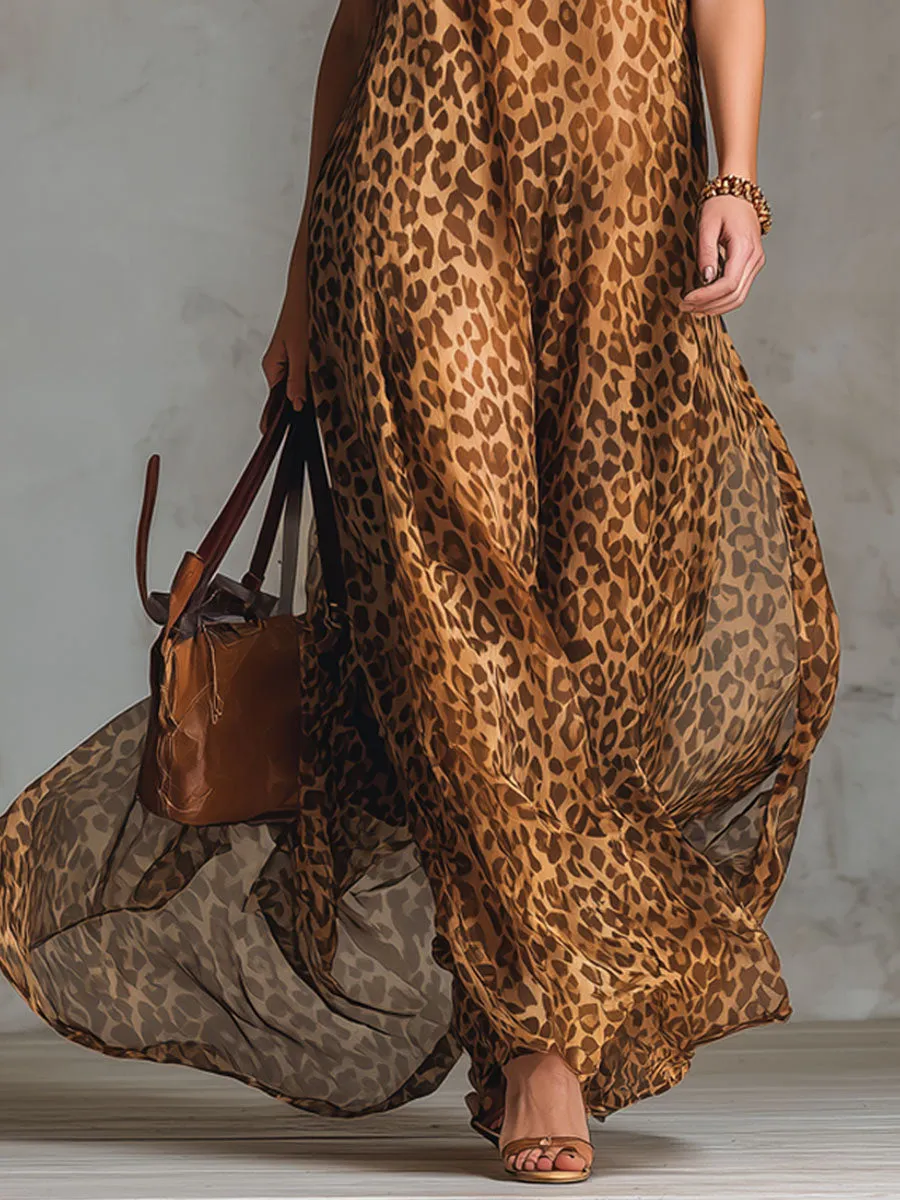 Leopard Print Bow-tie Strap Chiffon Sleeveless Maxi Dress sold by Oyrosy product image thumbnail 3