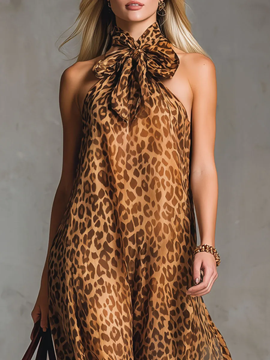 Leopard Print Bow-tie Strap Chiffon Sleeveless Maxi Dress sold by Oyrosy product image thumbnail 2