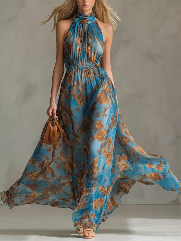 Floral Print High-neck Sleeveless Chiffon Maxi Dress sold by Oyrosy