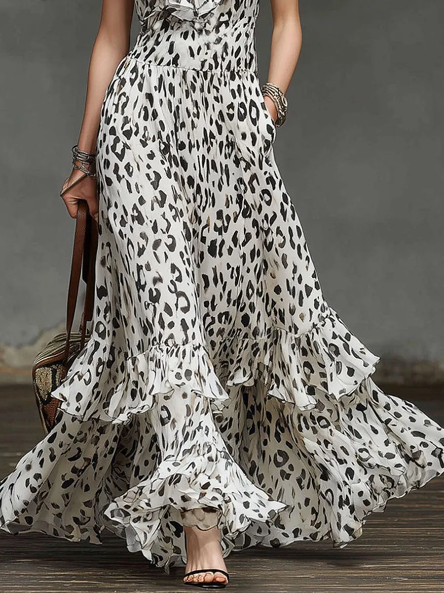 Leopard Print Ruffled V-neck Chiffon Sleeveless Maxi Dress sold by Oyrosy product image thumbnail 3