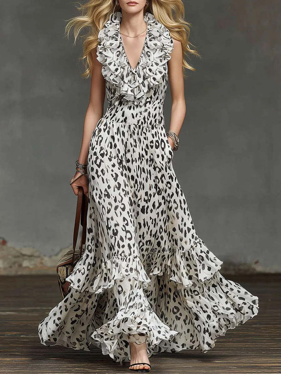 Leopard Print Ruffled V-neck Chiffon Sleeveless Maxi Dress sold by Oyrosy