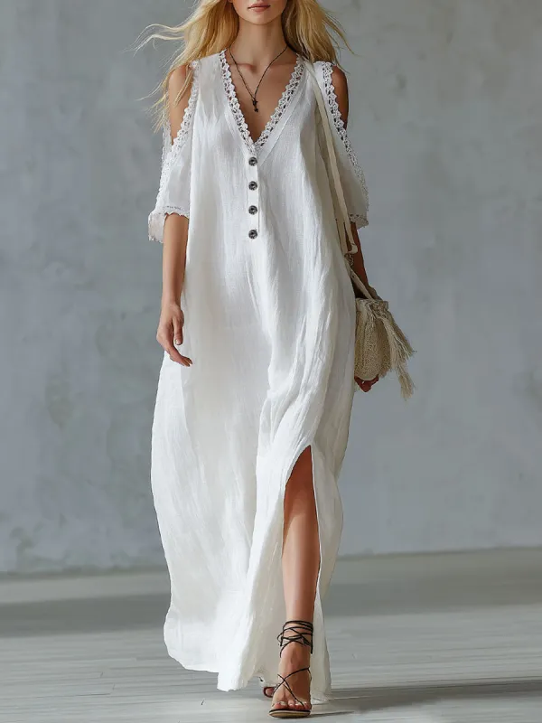 V-neck Lace-trimmed Off-the-shoulder Cotton And Linen Short-sleeved Maxi Dress sold by Oyrosy