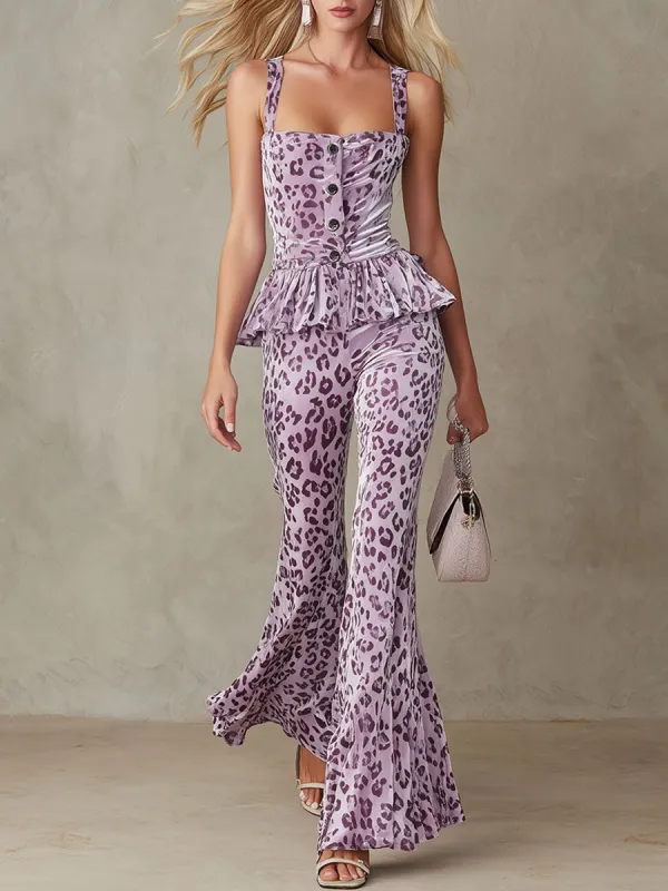 Stylish And Elegant Purple Leopard Print Velvet Sleeveless Top And Pants Set sold by Oyrosy