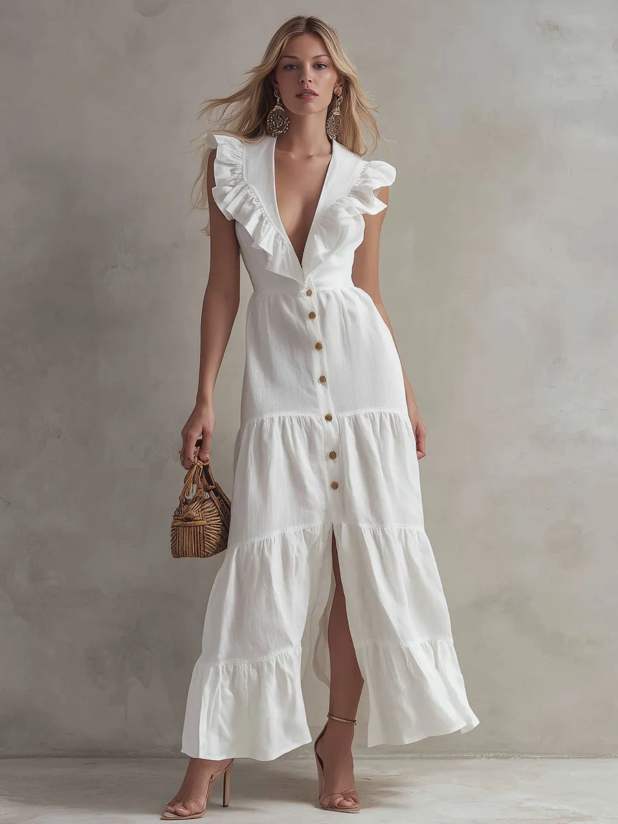 Stylish And Elegant White Sleeveless V-neck Ruffled Button Cotton Linen Maxi Dress sold by Oyrosy product image thumbnail 2