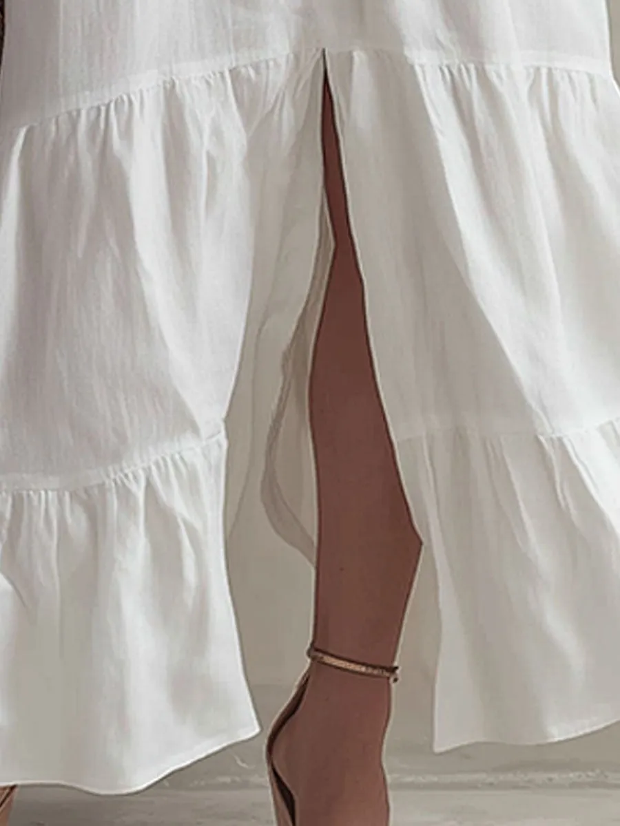 Stylish And Elegant White Sleeveless V-neck Ruffled Button Cotton Linen Maxi Dress sold by Oyrosy product image thumbnail 4