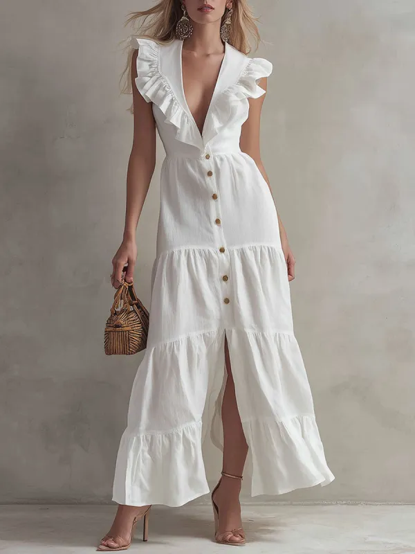 Stylish And Elegant White Sleeveless V-neck Ruffled Button Cotton Linen Maxi Dress sold by Oyrosy