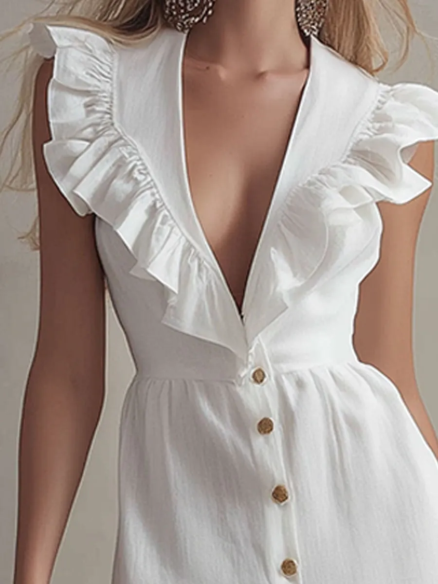 Stylish And Elegant White Sleeveless V-neck Ruffled Button Cotton Linen Maxi Dress sold by Oyrosy product image thumbnail 3