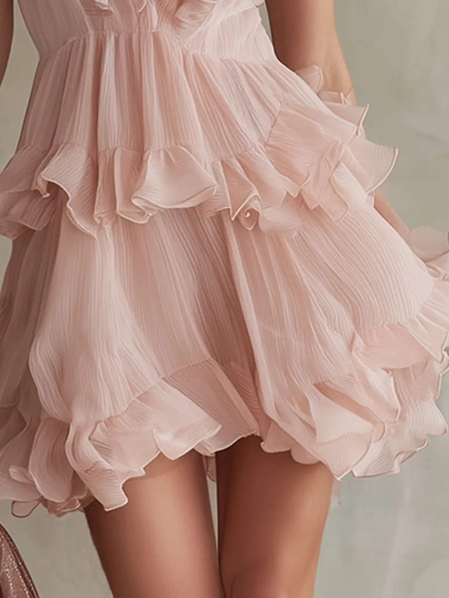 Stylish And Elegant Pink Sleeveless Ruffled Chiffon Mini Dress sold by Oyrosy product image thumbnail 4