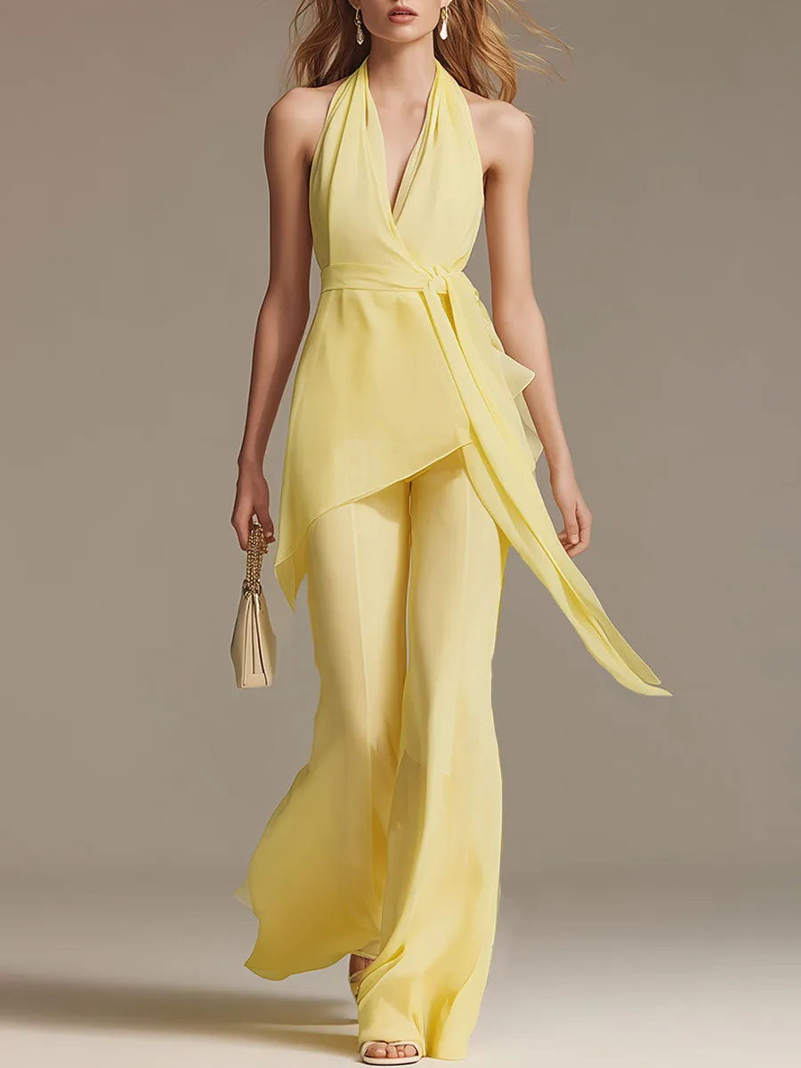 Stylish And Elegant Yellow Sleeveless Halter Neck Chiffon Top And Pants Set sold by Oyrosy