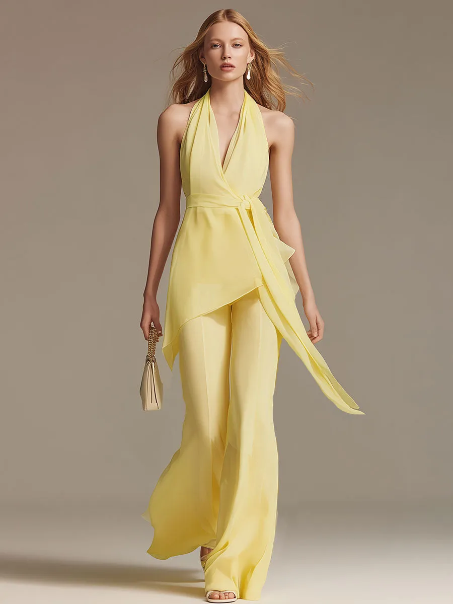 Stylish And Elegant Yellow Sleeveless Halter Neck Chiffon Top And Pants Set sold by Oyrosy product image thumbnail 2