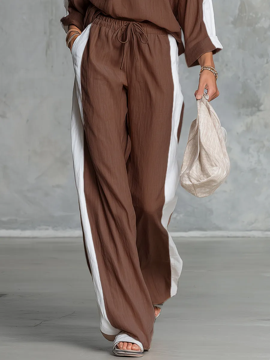 Retro Casual Off-the-shoulder Cotton And Linen Long-sleeved T-shirt And Wide-leg Pants Set. sold by Oyrosy product image thumbnail 5