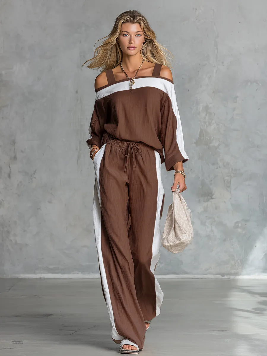 Retro Casual Off-the-shoulder Cotton And Linen Long-sleeved T-shirt And Wide-leg Pants Set. sold by Oyrosy product image thumbnail 3