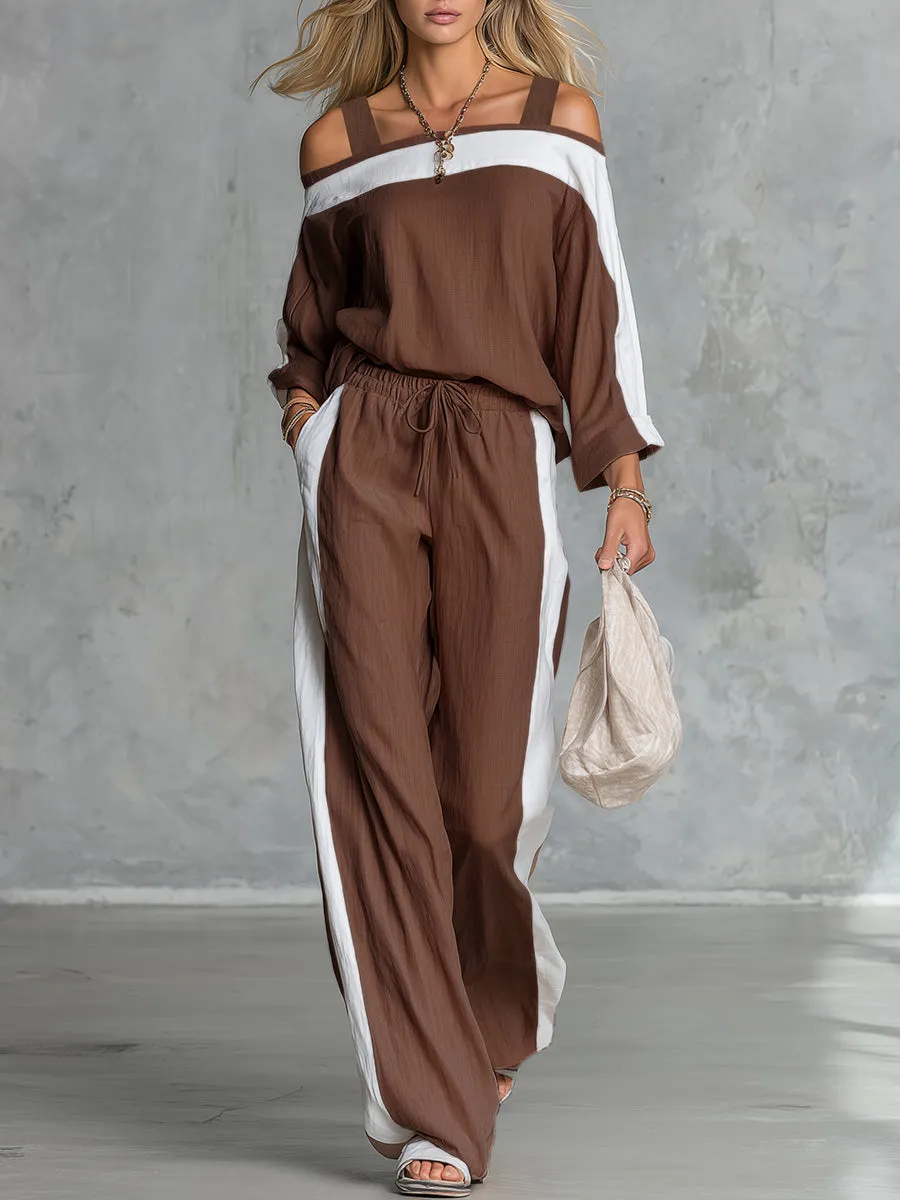 Retro Casual Off-the-shoulder Cotton And Linen Long-sleeved T-shirt And Wide-leg Pants Set. sold by Oyrosy