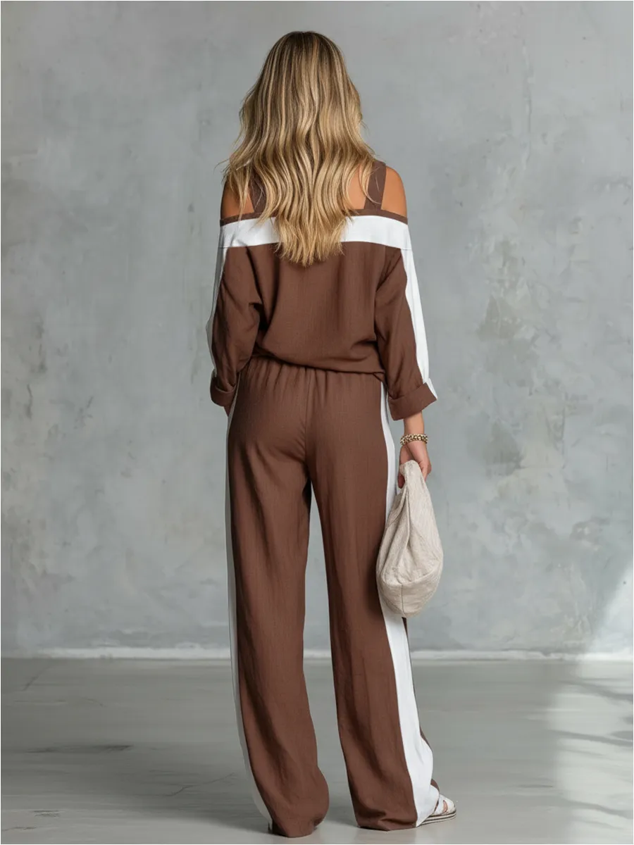 Retro Casual Off-the-shoulder Cotton And Linen Long-sleeved T-shirt And Wide-leg Pants Set. sold by Oyrosy product image thumbnail 2