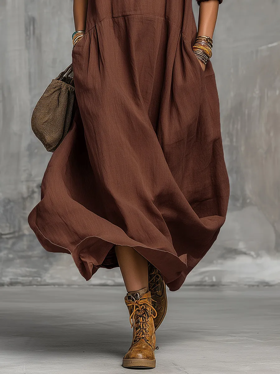 Retro Casual Solid Color Cotton And Linen Long-sleeved Midi Dress sold by Oyrosy product image thumbnail 3