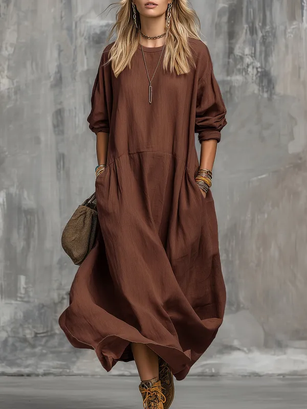 Retro Casual Solid Color Cotton And Linen Long-sleeved Midi Dress sold by Oyrosy