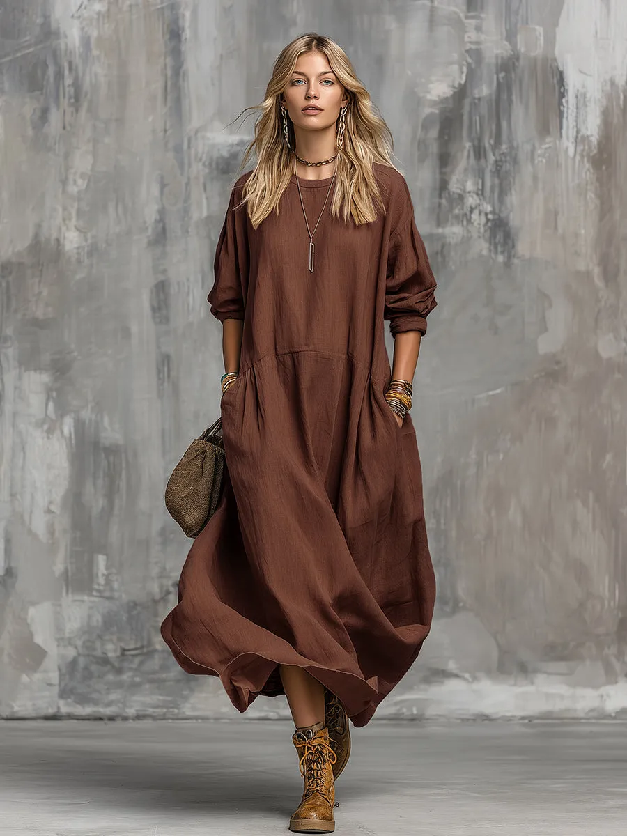 Retro Casual Solid Color Cotton And Linen Long-sleeved Midi Dress sold by Oyrosy product image thumbnail 2