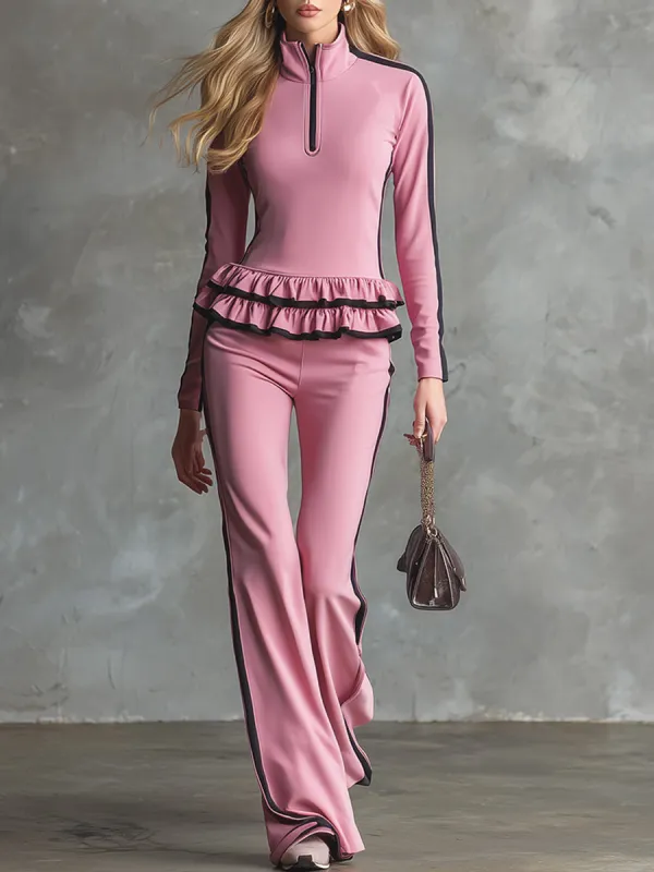 Elegant And Sporty Ruffled Pink T-shirt And Pants Set sold by Oyrosy