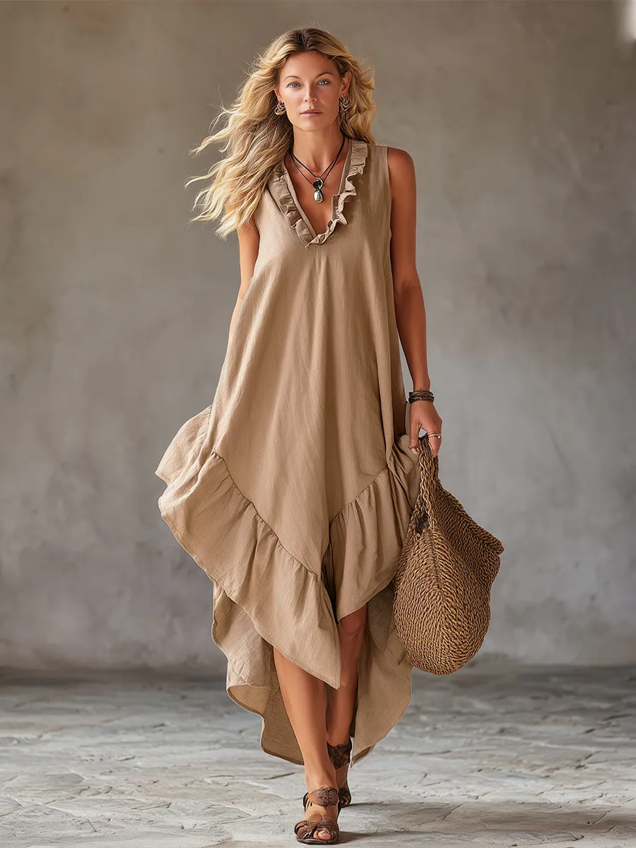 Casual Urban Style V-neck Ruffled Khaki Cotton And Linen Sleeveless Maxi Dress sold by Oyrosy product image thumbnail 2