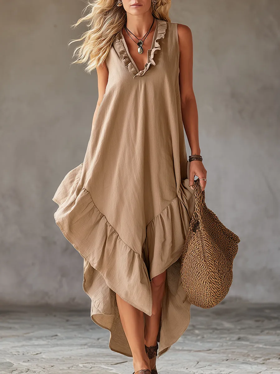 Casual Urban Style V-neck Ruffled Khaki Cotton And Linen Sleeveless Maxi Dress sold by Oyrosy
