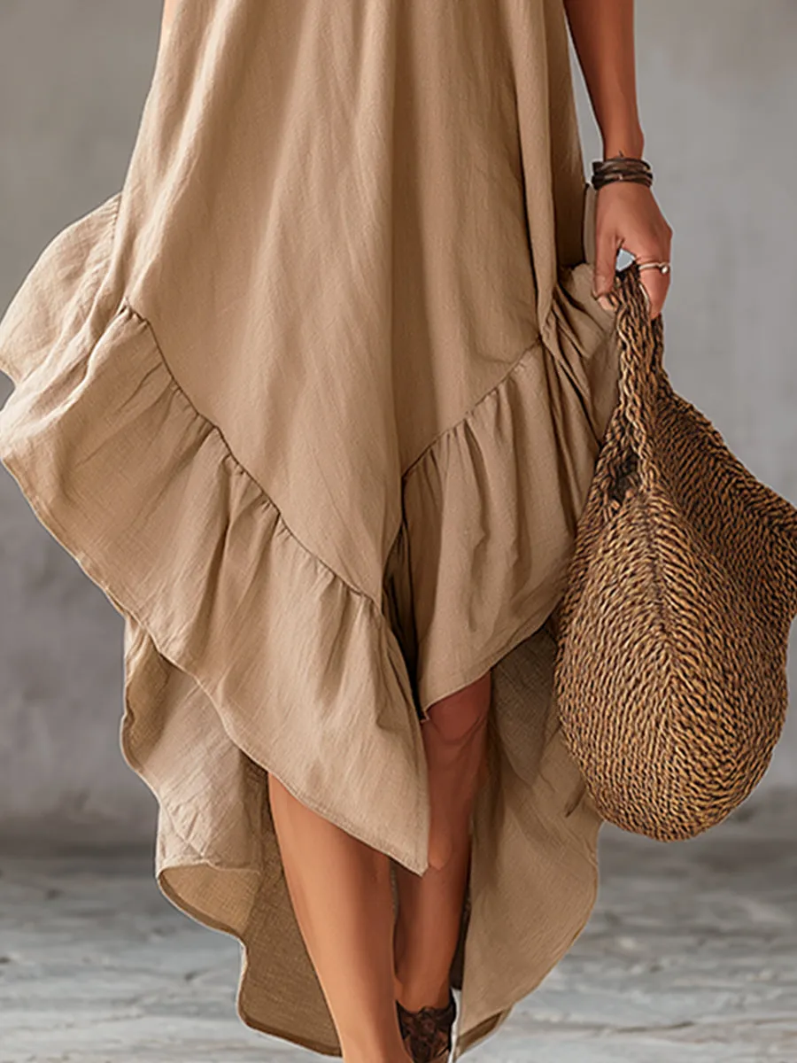 Casual Urban Style V-neck Ruffled Khaki Cotton And Linen Sleeveless Maxi Dress sold by Oyrosy product image thumbnail 4