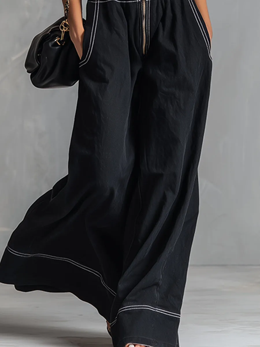 Stylish And Elegant Front-zip Black Tencel Denim Sleeveless Wide-leg Jumpsuit sold by Oyrosy product image thumbnail 4