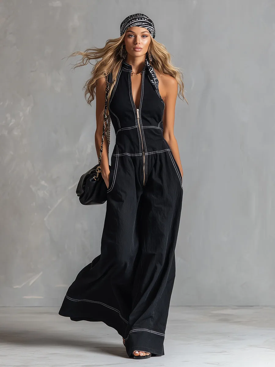 Stylish And Elegant Front-zip Black Tencel Denim Sleeveless Wide-leg Jumpsuit sold by Oyrosy product image thumbnail 2