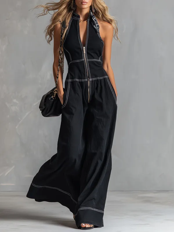 Stylish And Elegant Front-zip Black Tencel Denim Sleeveless Wide-leg Jumpsuit made by Oyrosy