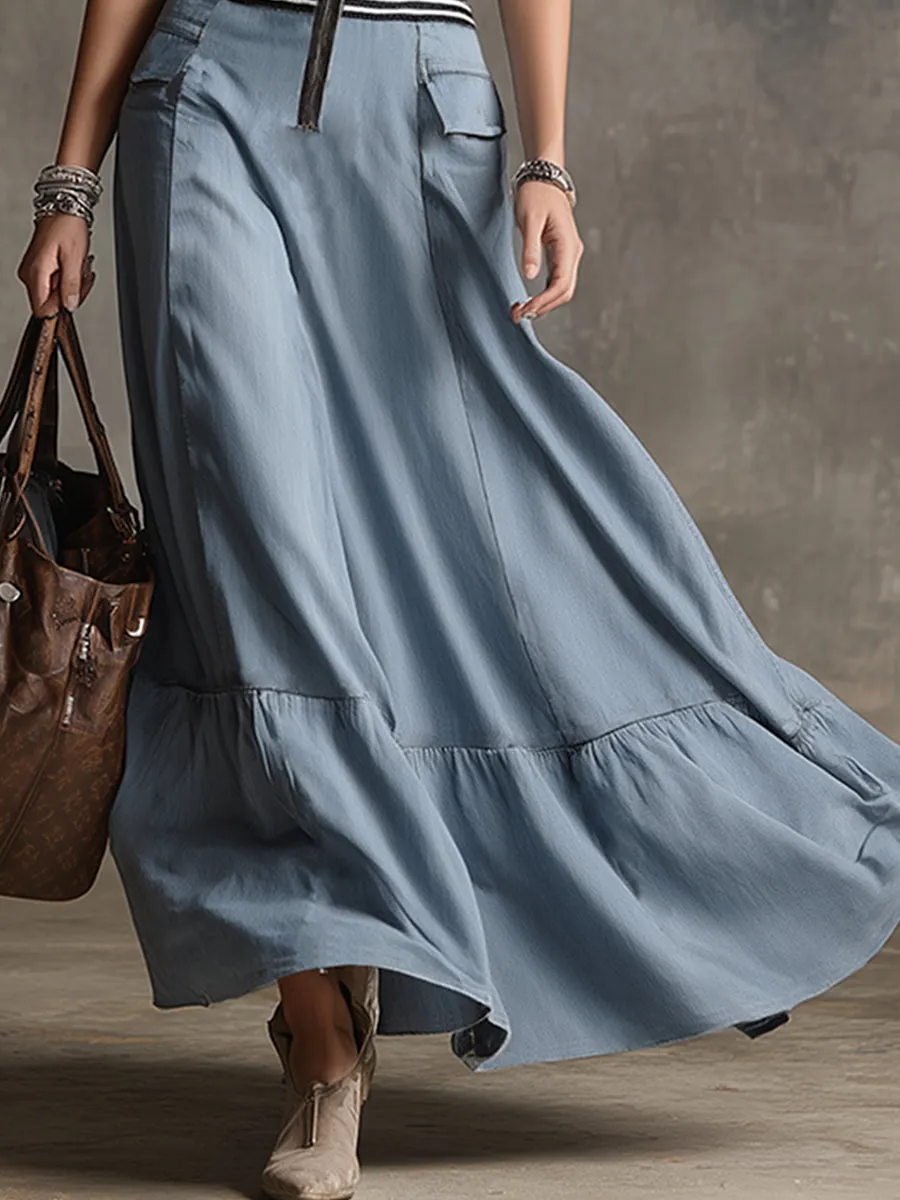 Vintage And Elegant Striped-trim Light Blue Tencel Denim Sleeveless Maxi' Dress sold by Oyrosy product image thumbnail 4