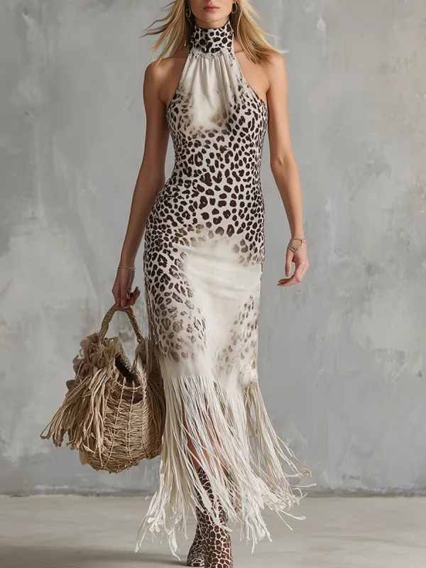 Retro Western Style Off-white Leopard Print Fringed Sleeveless Maxi Dress sold by Oyrosy