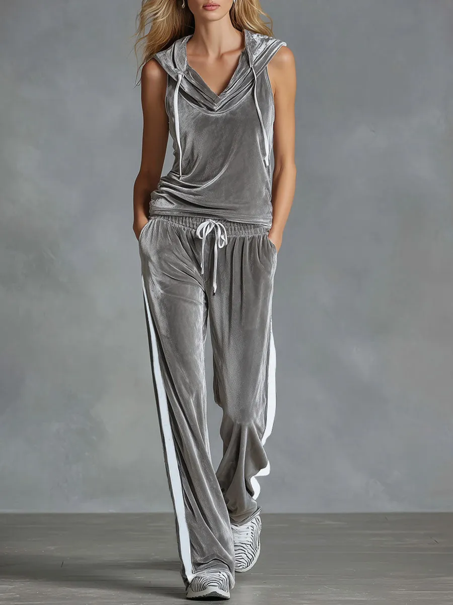 V-neck Hooded Sleeveless Top And Pants Velvet Set sold by Oyrosy