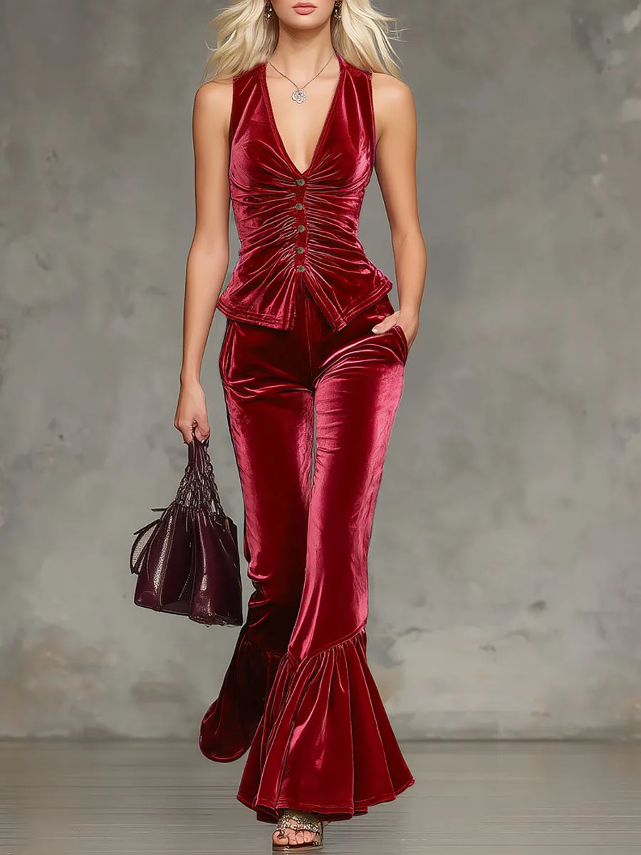 V-neck Ruched Sleeveless Top And Velvet Trousers Set sold by Oyrosy