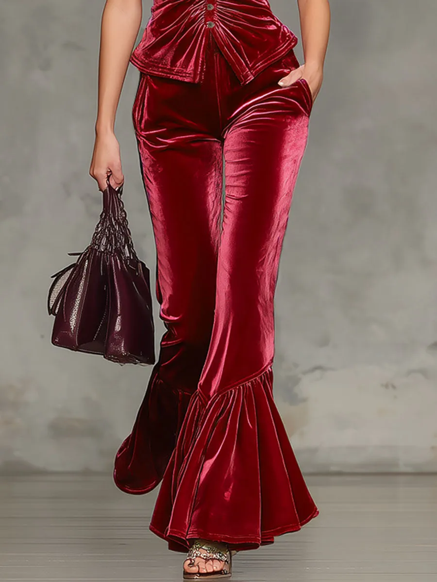 V-neck Ruched Sleeveless Top And Velvet Trousers Set sold by Oyrosy product image thumbnail 3