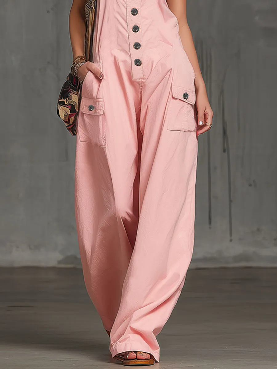 Pink Cotton Multi-pocket Overalls sold by Oyrosy product image thumbnail 3