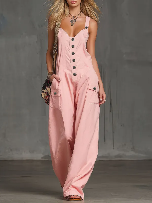 Pink Cotton Multi-pocket Overalls made by Oyrosy