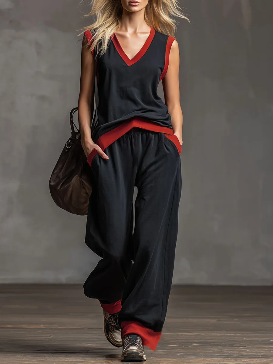 Loose-fitting Color-blocked V-neck Sleeveless Top And Pants Set sold by Oyrosy