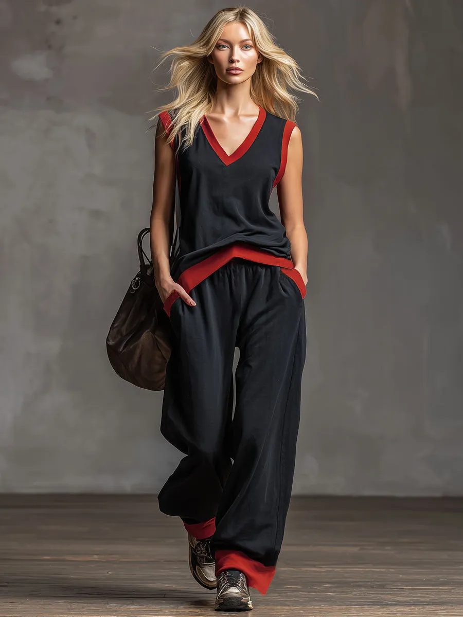 Loose-fitting Color-blocked V-neck Sleeveless Top And Pants Set sold by Oyrosy product image thumbnail 4
