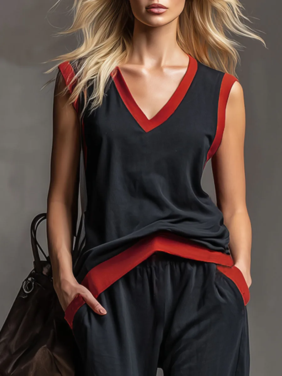 Loose-fitting Color-blocked V-neck Sleeveless Top And Pants Set sold by Oyrosy product image thumbnail 2