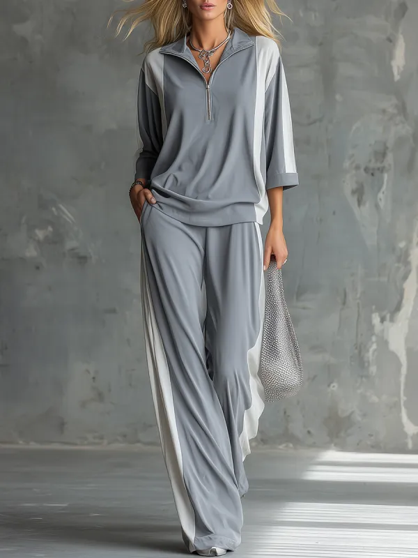 Stylish Casual Zipper Lapel Short Sleeve T-shirt And Wide-leg Pants Set sold by Oyrosy