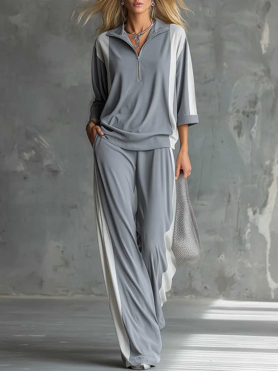 Stylish Casual Zipper Lapel Short Sleeve T-shirt And Wide-leg Pants Set sold by Oyrosy