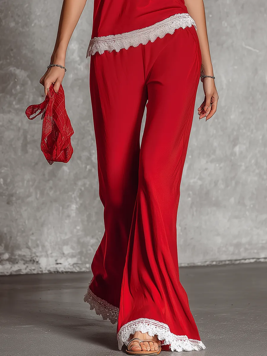 Stylish Casual Retro V-neck Lace Trim Short Sleeve T-shirt And Wide-leg Pants Set sold by Oyrosy product image thumbnail 4