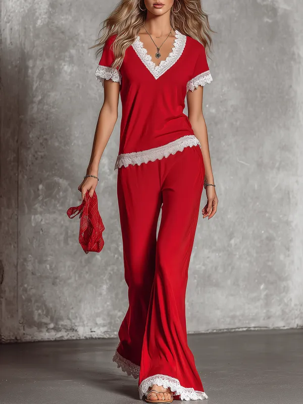 Stylish Casual Retro V-neck Lace Trim Short Sleeve T-shirt And Wide-leg Pants Set sold by Oyrosy