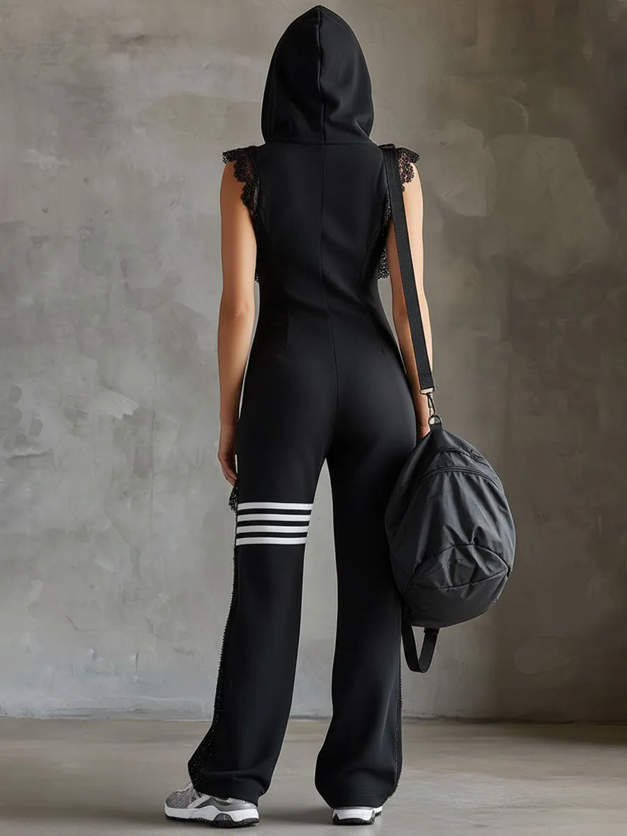 Sporty Retro Lace Striped Black Sleeveless Hooded Jumpsuit sold by Oyrosy product image thumbnail 3